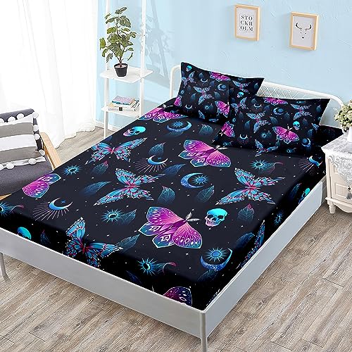 HOSIMA Halloween Fitted Sheet Skull Butterfly Bed Set,Goth Bedding Set Black Sheets Deep Pocket All-Round Elastic Fitted Sheets Queen Bedroom Set for Adults Boys Girls Halloween Room Decor.