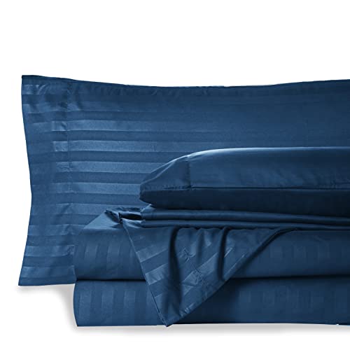 Mocassi Twin Stripe Sheet Set - Luxury Hotel 1800 Premier Bedding Sheets & Pillowcases - Ultra Soft Breathable & Cooling Bed Sheets - Wrinkle Resistant - 4 Piece Set - Twin, Navy Blue