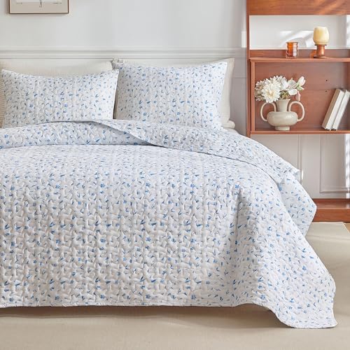 "mixinni Full Queen Quilt Bedding Set with Pillow Shams, 3 Piece Boho Blue Floral Bed Coverlets for All Seasons, Soft Lightweight Microfiber Quilted Comforter Set-(90""x96"", 1 Quilt+ 2 Pillow Shams)"