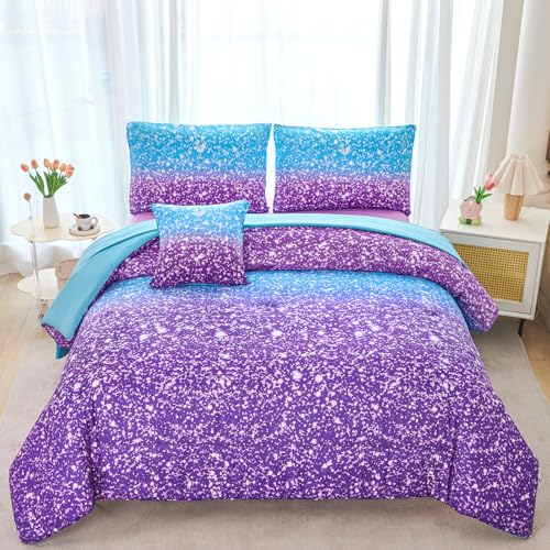 RYNGHIPY Blue Purple Girls Bedding Set 3D Colorful Galaxy Starry Comforter Sets for Girls Kids Twin Lightweight Soft Rainbow Bed in A Bag