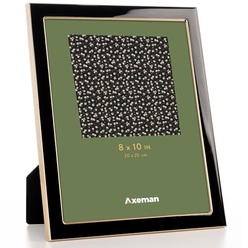 Axeman 8x10 Enamel Picture Frames with Tempered Glass-8 x 10 Modern Photo Frame with Gold Metal Edge Velvet Back for Tabletop and Wall Mount Display for Shelf, Desk & Countertop Decor, Black