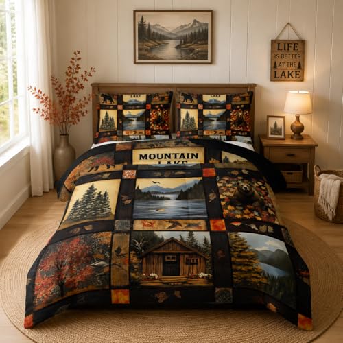 Nttopship Hunting Bear Comforter Set Full,Bear Cabin Plaid Comforter Set Bedding Set for Kids Boys Men Adults Wildlife Pine Trees Rustic Farmhouse Soft Microfiber Comforter with 2 Pillowcases