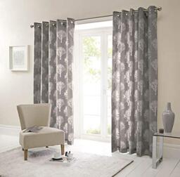 "Fusion - Woodland Trees - 100% Cotton Pair of Eyelet Curtains - 90"" Width x 72"" Drop (229 x 183cm) in Charcoal"