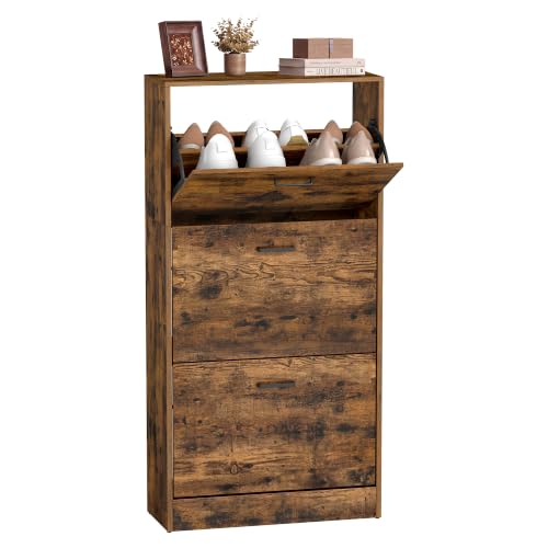 VASAGLE Shoe Storage Cabinet With 3 Flip Drawers, Slim Shoe Cupboard with Doors, 3-Tier Shoe Cabinet 60 x 24 x 120 cm, Space Saving Narrow Hallway Storage, Rustic Brown, Custos Collection LBC030X01