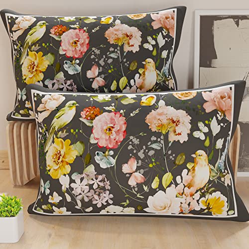 PETTI Artigiani Italiani - Bed Pillowcases, Set of 2 Pillow Covers 50x80 cm, Cushion Cover in Hypoallergenic Microfibre, Made in Italy, Floral Nero Pattern