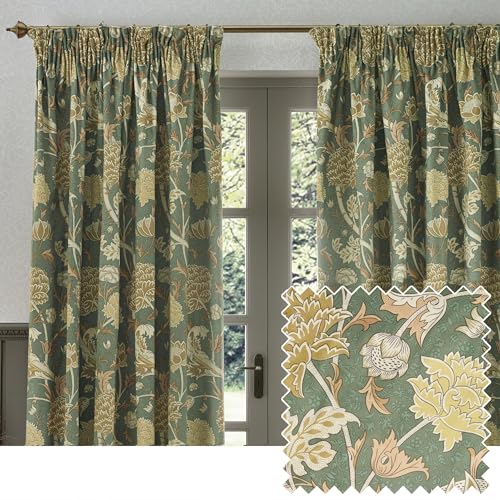 Morris&Co. Cray Pencil Pleat Curtain Pair – Lined Velvet Floral River-Inspired Drapes (Sage/Sunflower - 168x183cm)