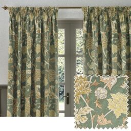 Morris&Co. Cray Pencil Pleat Curtain Pair – Lined Velvet Floral River-Inspired Drapes (Sage/Sunflower - 168x183cm)