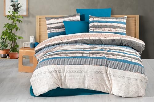 Nuit Des Rêves Double Quilt Cover Set (200 x 200 cm), 50% Cotton/50% Polyester, Blue/Cream/Grey - 2 Pillowcases (80 x 80 cm) - Button & Envelope Closure, 127 Thread Count, Machine Washable