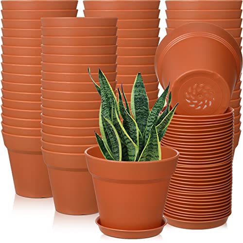Mumufy 54 Pack 4 Inch Plant Pots Bulk Small Planter with Drainage Hole and Saucer Small Plastic Pots for Flowers Succulent Cactus and All House Indoor(Terracotta)