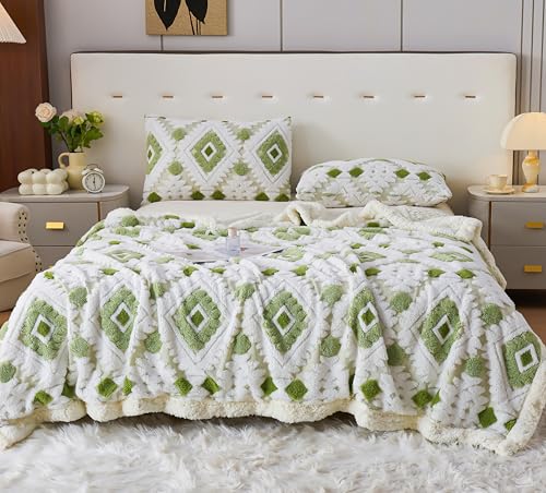 LEVINIS Bohemian Sherpa Bed Blanket 60'' ?? 80'', Sherpa Fleece Blankets for All Season, Southwestern Aztec Throw Blanket for Bed/Couch/Sofa/Office/Camping, Green