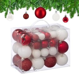 Relaxdays Christmas Baubles, Set of 50, Tree Ornaments, ∅ 3, 4 & 6 cm, Decorations, Glittery, Matte & Shiny, Red/White