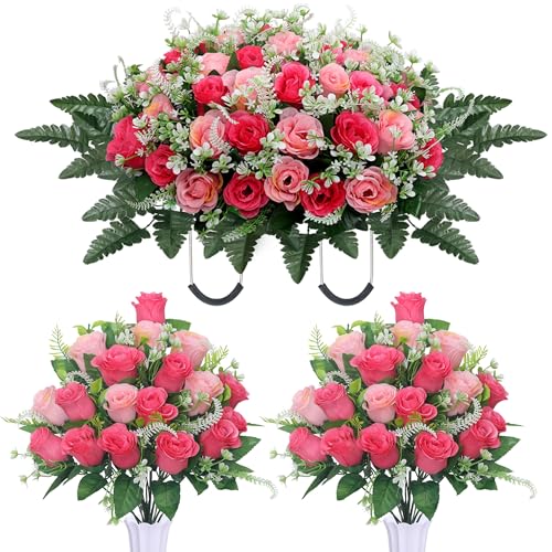 LOSFOTBO 3pcs Headstone Flowers Saddle for Tombstone,Cemetery Flower Memorial Bouquet with Vase,Rose Headstone Flowers Saddle (Pink)