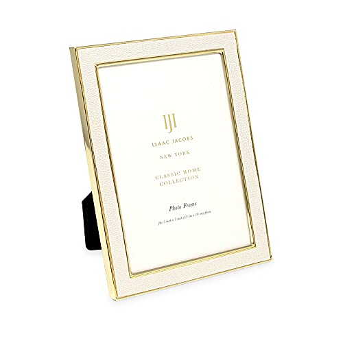 Isaac Jacobs 5x7 White Leather with Gold Metal (Vertical & Horizontal) Picture Frame, Shagreen Border w/Black Fabric Easel, Wall-Mountable, Made For Tabletop, Photo Gallery (5x7, White W/Gold)