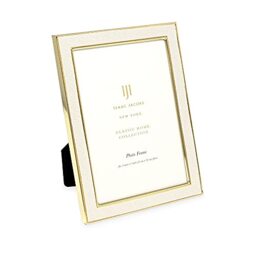 Isaac Jacobs 5x7 White Leather with Gold Metal (Vertical & Horizontal) Picture Frame, Shagreen Border w/Black Fabric Easel, Wall-Mountable, Made For Tabletop, Photo Gallery (5x7, White W/Gold)