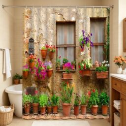 FILMILIL Farm Style Shower Curtain Garden Potted Italian Green Plants Vintage Windows 3D Printing Mediterranean Greece Scene Bathroom Decoration Polyester Fabric with Hooks (90 X 70 Inch)
