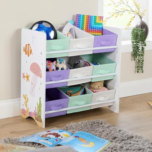 Home Source Children???s Toy Organiser with 9 Fabric Drawers ??? Kids??? Bedroom Storage Unit with Shelves ??? Sealife Animal Design