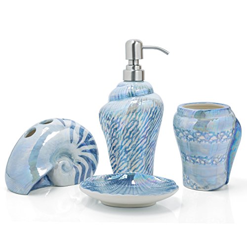 FORLONG Ocean Conch Sea Shell Ceramic Bathroom Accessories Set of 4,1 Gargle Cups 1 Toothbrush Holders 1 Soap Dishes 1 Soap Dispenser (Blue)