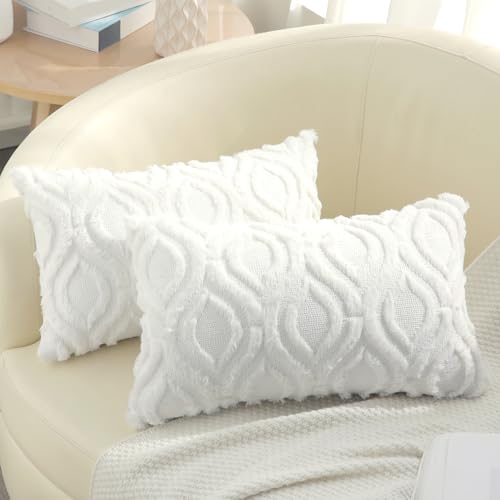 decorUhome Set of 2 Faux Fur Cushion Covers 30x50 cm, Decorative Soft Plush Fluffy Velvet Cushion Cover 12X20 Inch, Rectangle Boho Neutral Pillow Case for Sofa, White