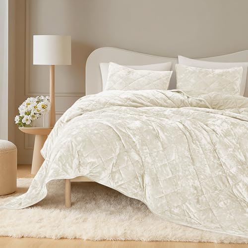 SHALALA Beige Velvet Comforter,Queen Bedding Quilt Sets,Lightweight Comforters,Reversible Luxury Diamond Bedspread Coverlet with Soft Brushed Microfiber Back for All Season(King, Beige)