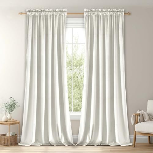 JIUZHEN Ivory Velvet Curtains 90 inches for Living Room - Thermal Insulated Room Darkening Rod Pocket Thick Velvet Window Drapes for Bedroom/Dining Room, Set of 2 with Tiebacks, W70 x L90inches