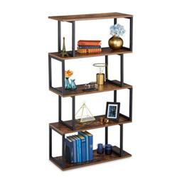 Relaxdays Bookcase, Industrial Design, 5 Open Levels, MDF & Metal, HxWxD: 136 x 73 x 30 cm, Upright Shelf, Brown/Black