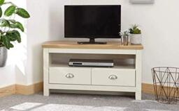 GFW Lancaster Cream and Oak Corner TV Cabinet, 2 Drawer TV Unit with Storage Shelf, Country Style Entertainment Stand