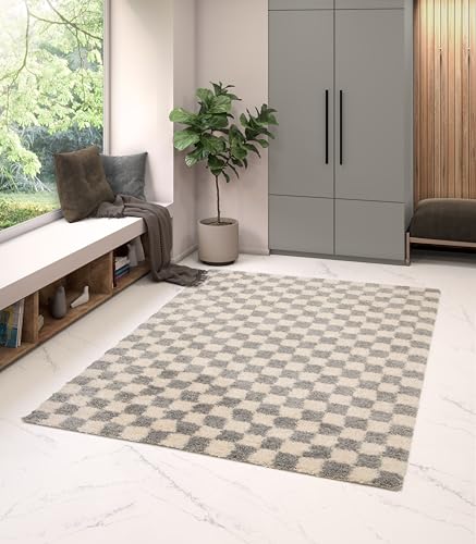 Rugs Essentials Balta Shaggy Checkerboard Rug, Rectangular Indoor Rug for Living Room, Bedroom, Soft and Comfortable, Easy Care, Thickness 30 mm, Polypropylene, 120 x 170 cm, Grey