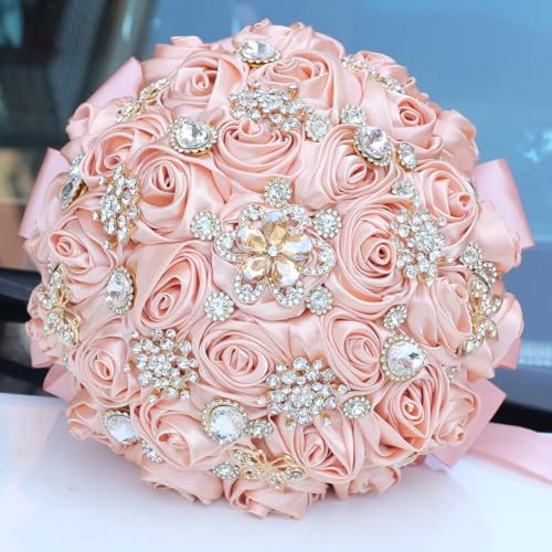 "Mhojpik 7.5"" Peach Pink Bridal Wedding Bouquet Round Bling Brooch Bouquet Throw Toss Artificial Rose Flower Bunch for Bride Bridesmaid Wedding Quinceanera"