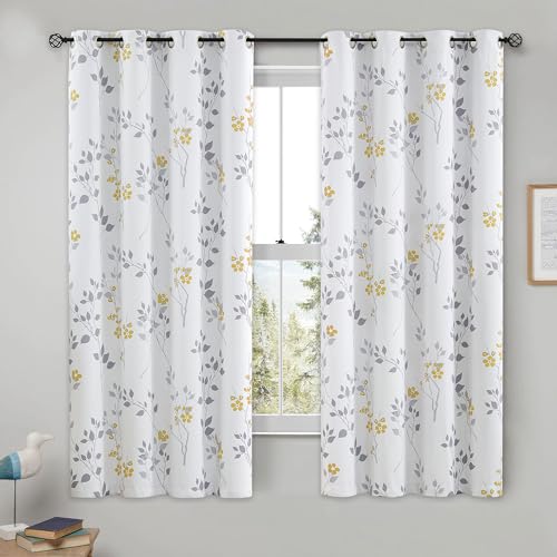 Beauoop Floral 100% Blackout Curtains 63 Inch Length 2 Panels for Bedroom Living Room Yellow Grey and White Flower Patterned Room Darkening Thermal Soundproof Grommet Window Treatments Drapes, 52X63