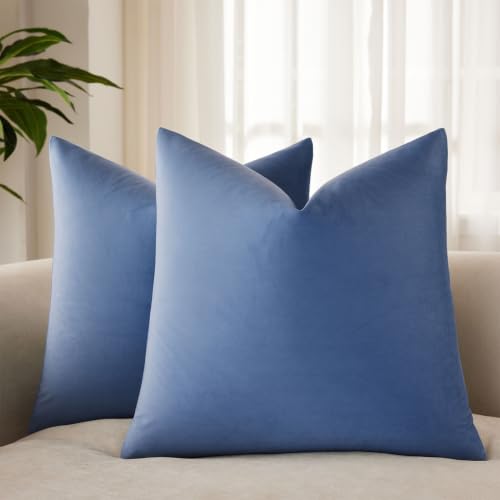 JUSPURBET Blue 24x24 Velvet Throw Pillow Covers Set of 2 for Couch Sofa Bed - Decorative Euro Sham for King Couch Bed Sofa Living Room Bedroom,Modern Home Decor,Invisible Zipper,Square Cushion Covers