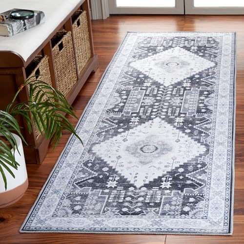 Safavieh Distressed Rug Ideal for High Traffic Areas - Machine Washable and Non Slip - Arizona Collection, Short Pile, in Grey and Ivory, 62 X 240 cm