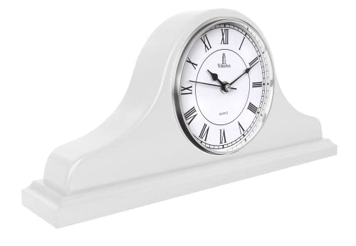 Mantel Clock, White Wooden Mantle Clock for Living Room Décor - Silent, Decorative, Solid Wood, Battery Operated Mantle Clock for Fireplace Mantel, Office, Desk, Shelf & Home Décor Gift, 15x7.5 Inch