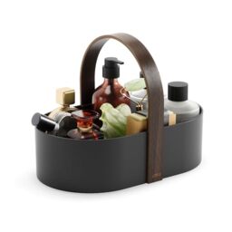 Umbra Bellwood Caddy, Organizer Bin for Makeup and Cosmetics, Durable Lightweight Container with Wooden Handle and Removable Dividers, Small Black/Walnut