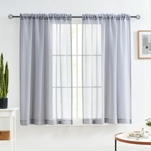 "MYSTIC-HOME Sheer Curtains 45 Inch Length, Rod Pocket Voile Drapes Treatments Semi Crinkle Curtain Panels Set of 2, Silver Grey, 52"" Wx45 L"