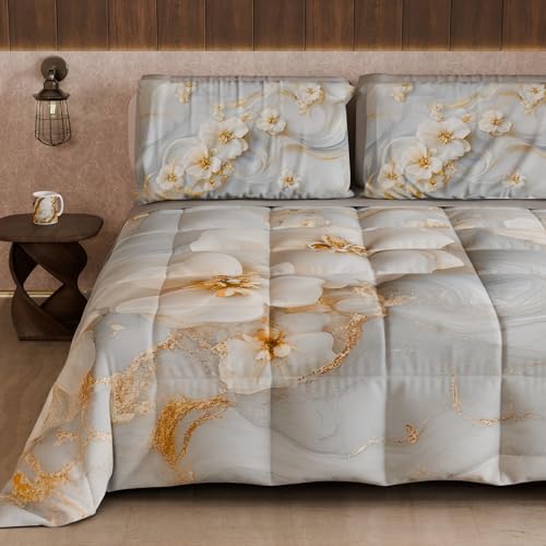 PETTI Artigiani Italiani - Winter Quilt, Winter Duvet, Double Sided Quilt, Solid Colour and Digital Floral Print 06 1, 100% Microfibre, Made in Italy
