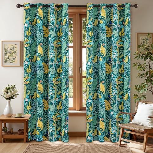 keensoft Botanical 100% Blackout Curtains for Bedroom 84 Inch Length 2 Panels Set Dark Green Plant Floral Black Out Curtains Insulated Grommet Room Darkening Window Drapes for Living Room???52Wx84L
