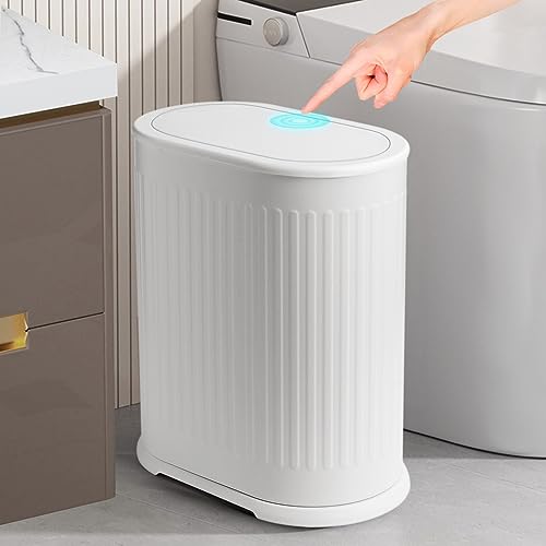 Anzoymx Bathroom Trash Cans White Stainless Steel Small Garbage Can with Pop up Lid, 1.8 Gallons Dog Proof Narrow Wastebasket, Slim Litter Trash Bins for Bedroom, Toilet, Office