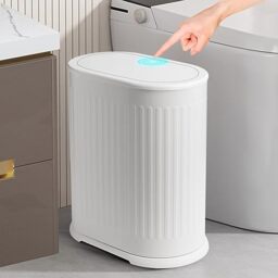 Anzoymx Bathroom Trash Cans White Stainless Steel Small Garbage Can with Pop up Lid, 1.8 Gallons Dog Proof Narrow Wastebasket, Slim Litter Trash Bins for Bedroom, Toilet, Office