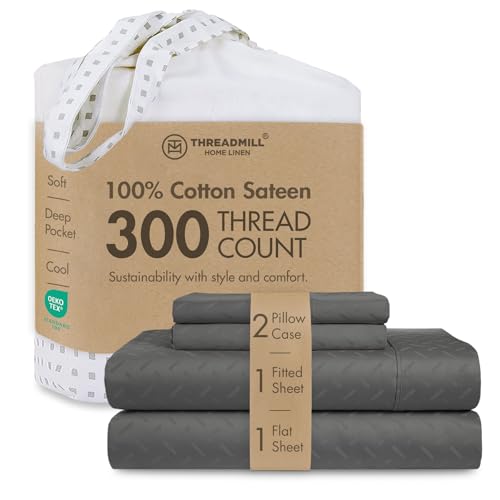 Threadmill Home Linen Full-Size Sheets - Pure Long Staple Cotton, Astra Jacquard Damask Weave, 4 Piece 300 Thread Count Bedding Set, Soft Dark Grey Sheets with Elasticized Deep Pocket