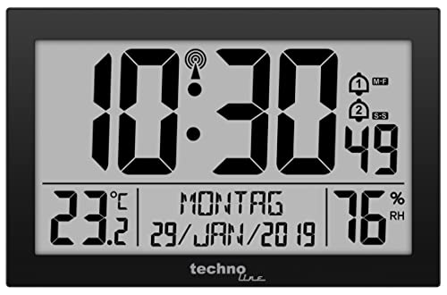 Technoline Dirgitale Modern Radio-Controlled Wall Clock in Black, Acrylonitrile Butadiene Styrene, Black, 225 x 24 x 143 mm