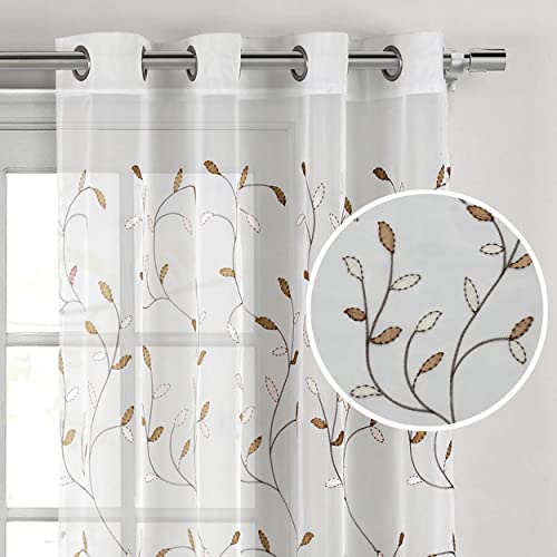 "Creative Home Ideas Wavy Leaves Embroidered Sheer Extra Wide 54"" x 84"" Grommet Curtain Panel, Chocolate"