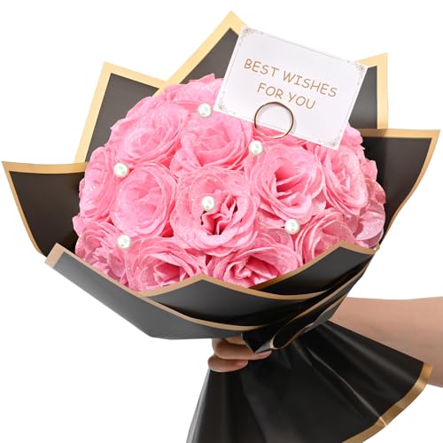 Waipfaru Pink Glitter Roses Bouquet, DIY Fake Flowers Bouquet, Artificial Rose Bouquet for Valentines, Anniversary, Engagement, Wedding, 24 Roses