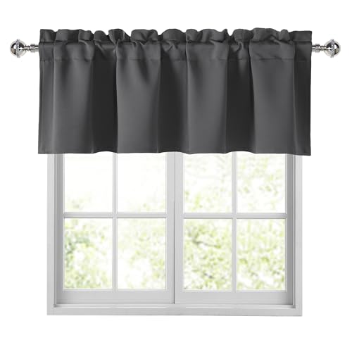 "JIUZHEN Dark Grey Valances for Windows Rod Pocket Room Darkening Small Window Curtains for Kitchen/Bathroom, 42"" W x 18"" L, 1 Panel"