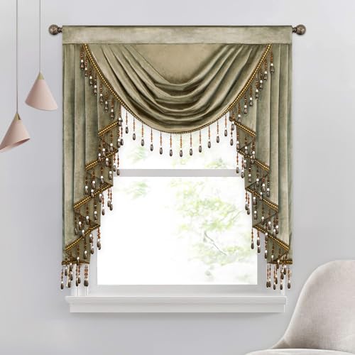 VOGOL Brown Luxury Velvet Waterfall Valance, Soft Touch Vintage Style Swag Curtain Drapes for Living Dining Room, Rod Pocket Privacy Window Treatments, 1 Panel, 39 Inches Wide