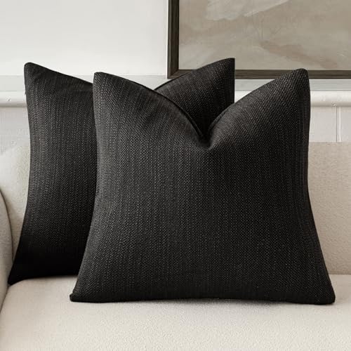Foindtower Set of 2 Decorative Textured Burlap Linen Throw Pillow Covers Farmhouse Boho Cushion Cover Solid Accent Pillowcase for Couch Sofa Bed Living Room Home Decor,18??18 Inch,Black