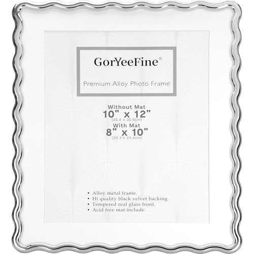 GorYeeFine Silver 10x12'' Heavy-Duty Zinc Alloy Picture Frames with Acid Free Mat for 8x10'',Wave Design Silver Picture Frame with Black Premium Velvet Backing,for Desktop and Wall Hanging.