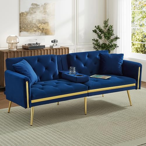 Ball & Cast 3 Seater Sofa Bed with Adjustable Backrest, Gold Accents and Built-in Cup Holders, 3 Seater Sofa/Folding Bed for for Living Room and Bedroom, Blue