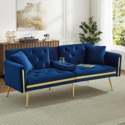 Ball & Cast 3 Seater Sofa Bed with Adjustable Backrest, Gold Accents and Built-in Cup Holders, 3 Seater Sofa/Folding Bed for for Living Room and Bedroom, Blue