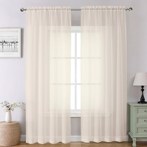 Chyhomenyc Cream Sheer Curtains 96 Inches Long 2 Panels, Light Filtering Cream Curtains for Living Room, Soft Gentle Voile Rod Pocket Bedroom Window Drapes, 59Wx96L Inch, 2PCS