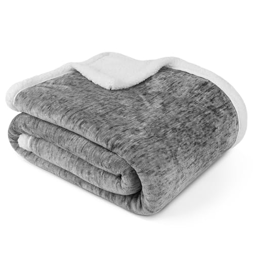 PAVILIA Melange Dark Gray Sherpa Blanket Throw for Couch, Warm Soft Cozy Reversible Blanket Sofa Bed, Thick Plush Large Fleece Car Blanket, Decorative Home Room Decor Gifts Men Women, 50x60 Dark Grey